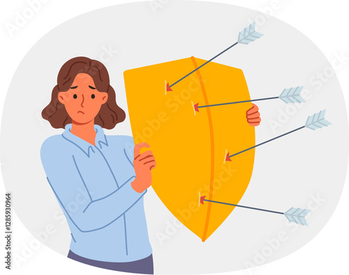 Upset woman defends from arrows of enemies, covering with shield to avoid injury. Girl defends and demonstrates defense mechanism that allows to escape from risk to life of elemental disorder
