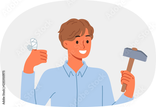 Man injured finger using hammer to drive nail, shows thumbs up and reports that everything is OK. Young guy has finger injury with bandages applied to stop bleeding and avoid infection