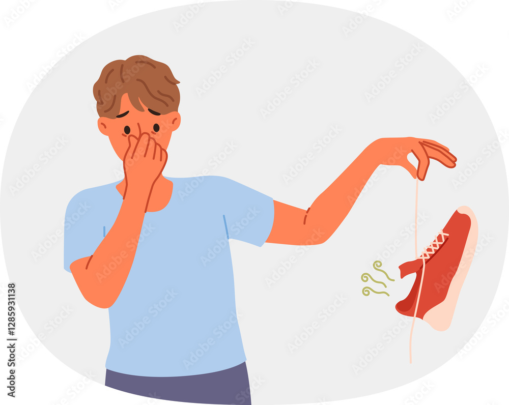 Man suffers from onychomycosis and stinky feet, covers nose with hands and holds stinky shoe. Problem onychomycosis in young man requiring anti-inflammatory drugs for feet and nails