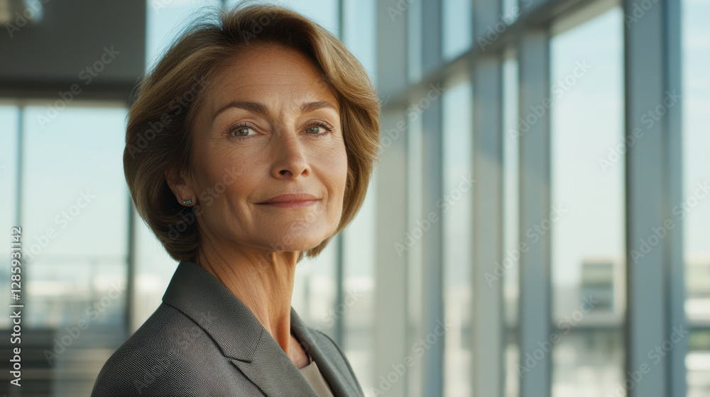 A mature woman with a confident gaze wearing a tailored blazer standing in a modern office A mature woman with a confident gaze wearing a tailored blazer standing in a modern office