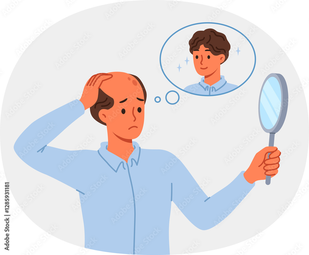 Problem of baldness in man looking in mirror and remembering presence of beautiful hair. Guy suffers from baldness due to poor genetics or insufficient intake of vitamins for body.