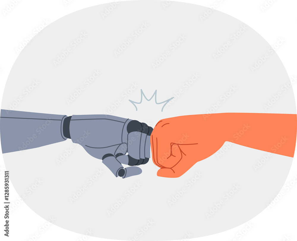 Synergy of robot and human joining fists as sign of solidarity and willingness to cooperate to achieve goal. Cooperation of people and robot with artificial intelligence to assist in new projects