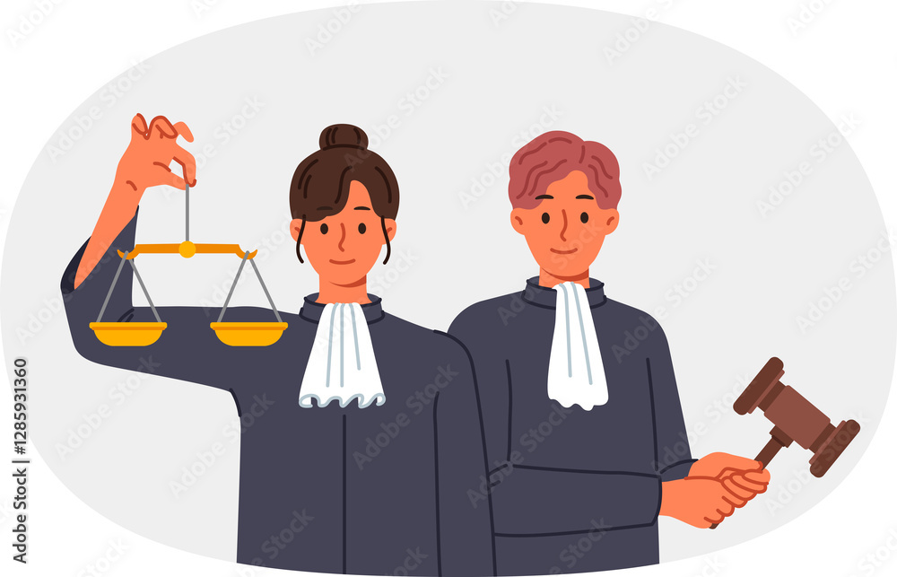 Judge and lawyer call for compliance with law and threaten fair punishment for violators of criminal code. Judge gavel and scales in hands of jury determining degree of guilt of defendant
