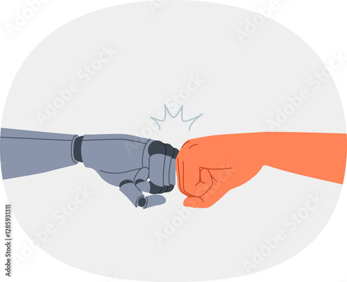 Obraz na płótnie Synergy of robot and human joining fists as sign of solidarity and willingness to cooperate to achieve goal. Cooperation of people and robot with artificial intelligence to assist in new projects w salonie
