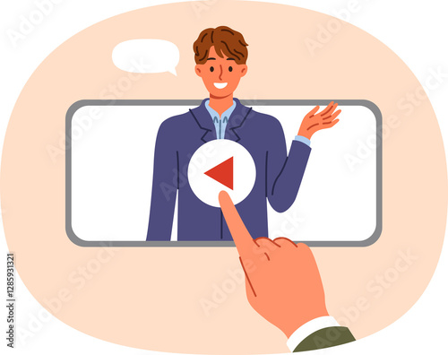 Business coach on phone screen with application for viewing training webinar for freelancer. Recruiter presses play, launching video of freelancer resume, talking about professional experience.