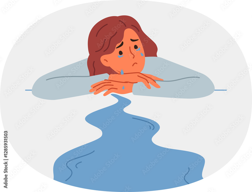 Woman cries, experiencing stress and apathy after breaking up with boyfriend, lying on desk, near puddle of tears. Depressed girl cries and needs psychological support after losing position in company