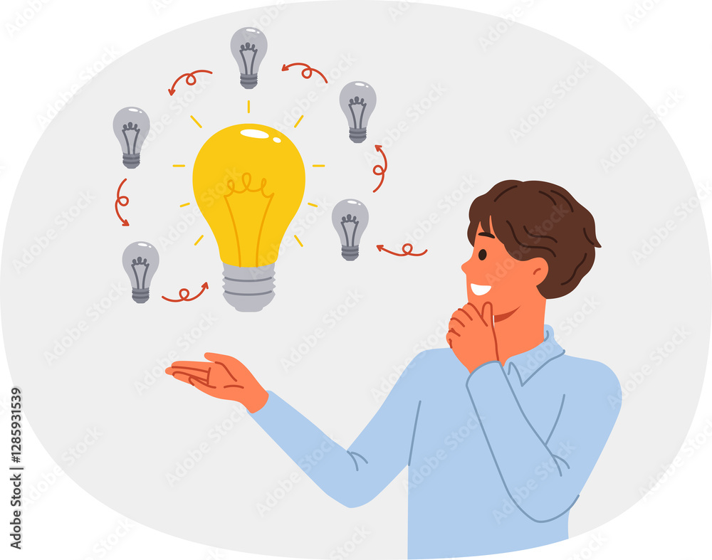 Man comes up with innovative idea, allows to get investments on crowdfunding platform, standing near light bulbs. Concept development and evolution of ideas to obtain ideal option.