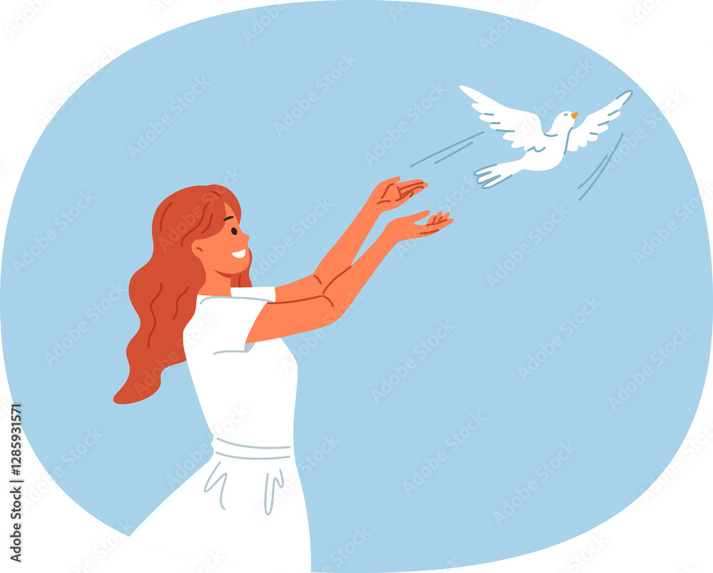 Woman launches dove into sky, symbolizing peace and harmony or hope for better future for people. Dove bird takes off from hands of religious girl, experiencing joy in communicating with animal world