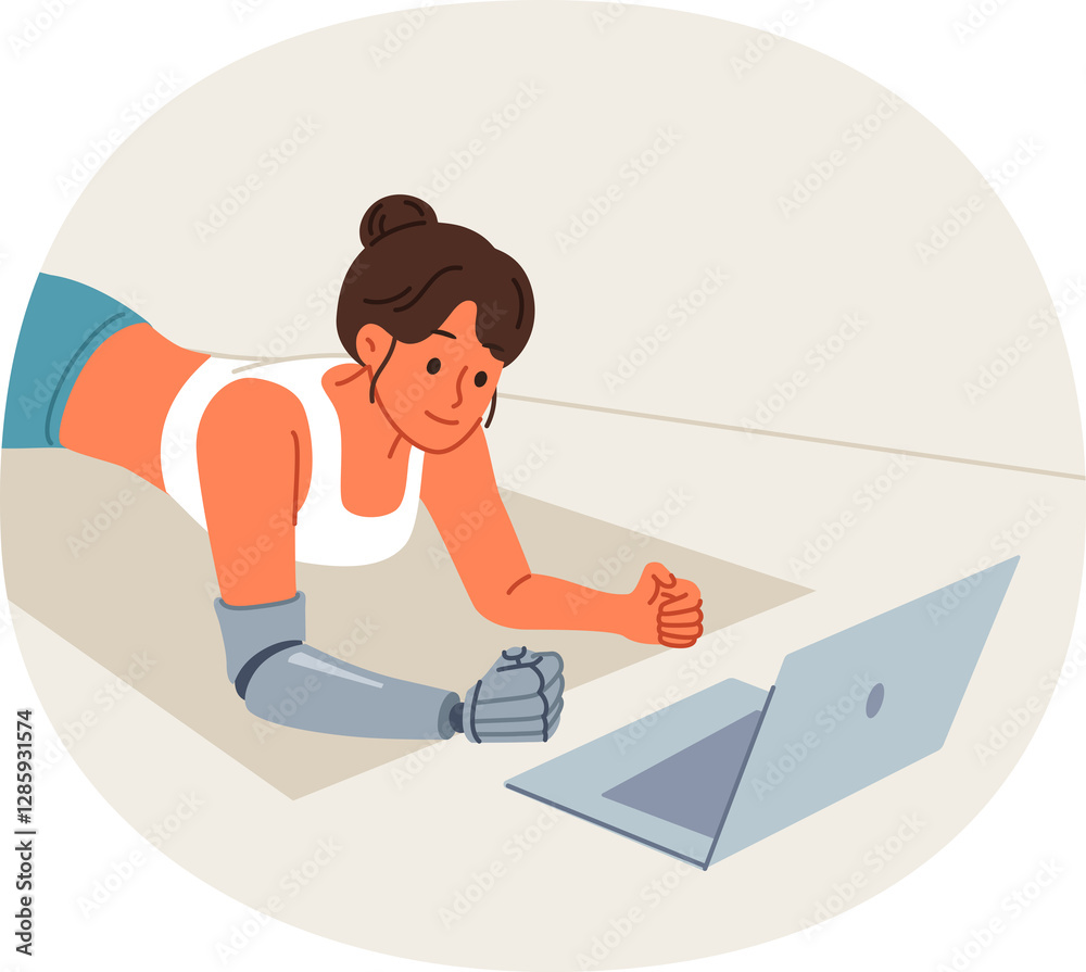 Sports woman with prosthetic arm trains at home and watches video lesson on laptop, lying on floor in plank. Sports girl doing yoga on fitness mat, training to improve health and muscle development