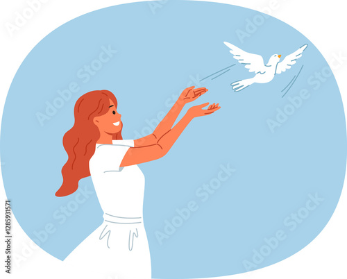Obraz na płótnie Woman launches dove into sky, symbolizing peace and harmony or hope for better future for people. Dove bird takes off from hands of religious girl, experiencing joy in communicating with animal world w salonie