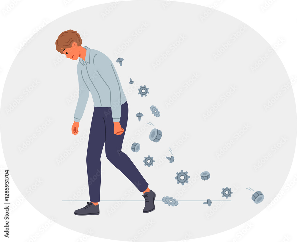 Tired office man feels burnout and pain in back, due to long sedentary work, goes dropping bolts and cogs from spine. Overworked guy experiences stress and melancholy because of professional burnout