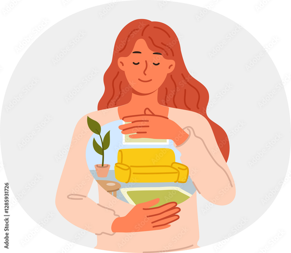 Homesick for woman who feels happiness and melancholy after relocation or during business trip. Girl keeps memories of beloved home in soul and experiences homesick desire to return