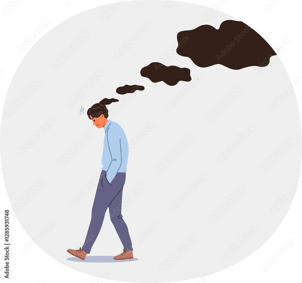 Troubled man feels stressed due to haunting memories of mistakes and business failures. Troubled guy needs psychotherapy to treat melancholy and apathy caused by bad experiences in past