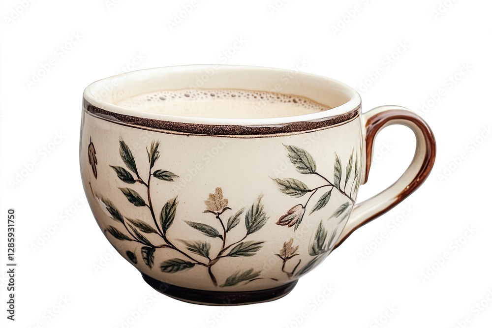 Decorated ceramic coffee mug, isolated, floral design, peaceful background Decorated ceramic coffee mug, isolated, floral design, peaceful background