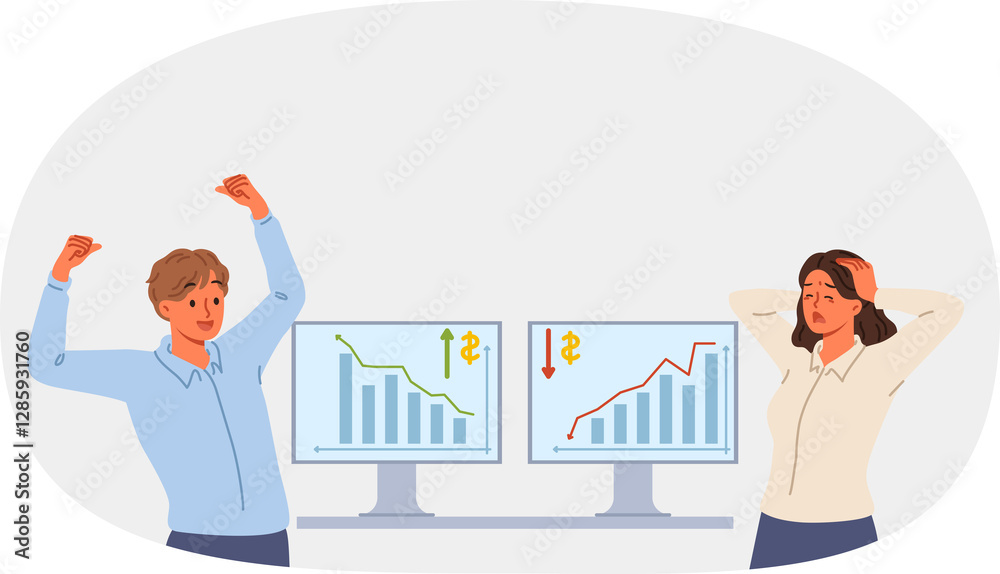 Employees stock exchange experience strong emotions when they lose and gain profits from investments. Man and woman work as traders in field of investments and see falling or rising charts on monitors