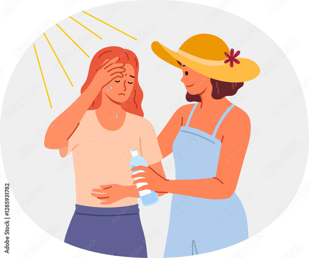 Woman who suffered sunstroke in hot weather stands near friend with bottle of water in hands. Sunstroke caused dizziness and disorientation in girl accustomed to cold climate and low temperatures
