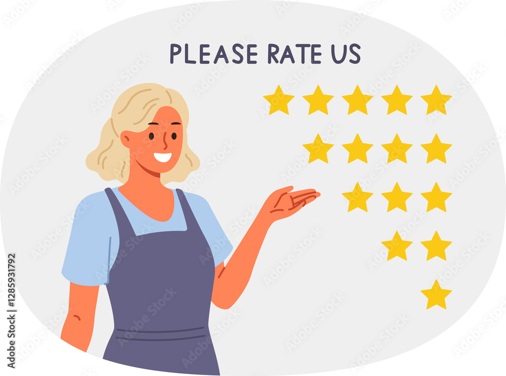 Stars for rating and feedback for cafe visitors, near woman waitress recommending participation in quality assessment. Girl asks rate from one to five to improve rating and receive feedback