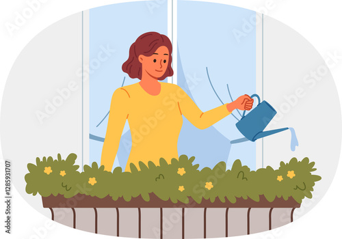 Woman waters flowers, standing on balcony near window to decorate facade of building with greenery and flowers. Girl takes care of plants from balcony, being interested in gardening and botany.