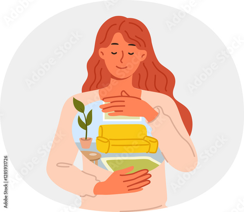 Obraz na płótnie Homesick for woman who feels happiness and melancholy after relocation or during business trip. Girl keeps memories of beloved home in soul and experiences homesick desire to return w salonie