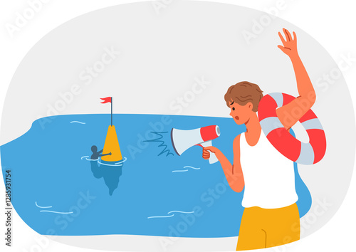 Man lifeguard waves hand to drowning man and holds lifebuoy demonstrating readiness to help. Man drowns due to non-compliance with rules of swimming and swimming behind buoy, needs help of lifeguard
