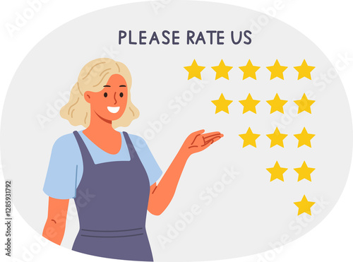 Obraz na płótnie Stars for rating and feedback for cafe visitors, near woman waitress recommending participation in quality assessment. Girl asks rate from one to five to improve rating and receive feedback w salonie