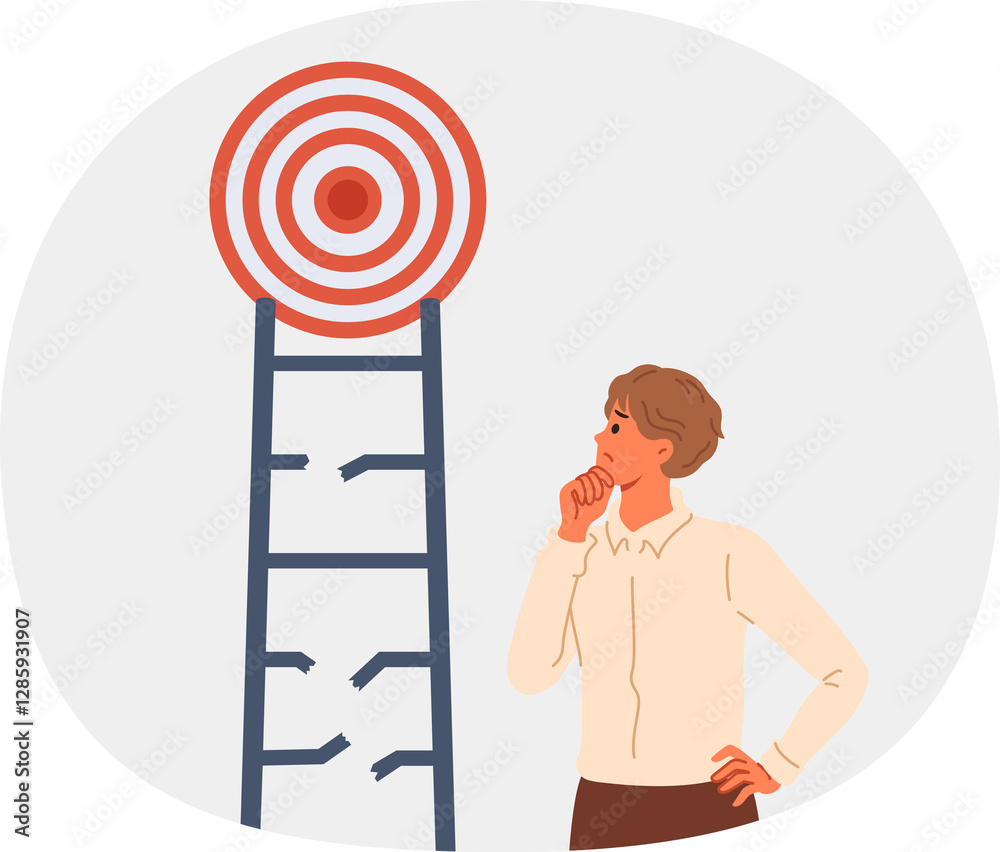 Problem on way to achieving goal for business man, thoughtfully examining broken ladder with target. Manager learns about difficulty on path to goal and scratches chin while thinking about plan