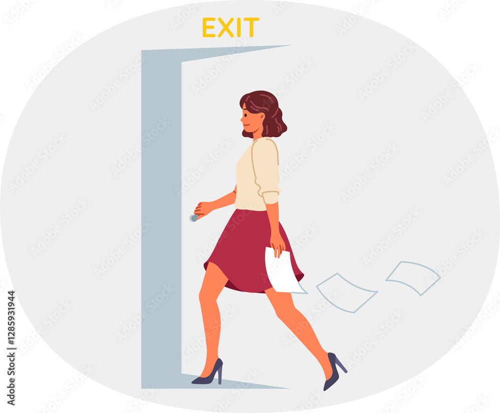 Resigned businesswoman walks out open door, refusing to work under unfavorable conditions. Resigned lady drops job contract when leaving office, wanting to create own successful startup