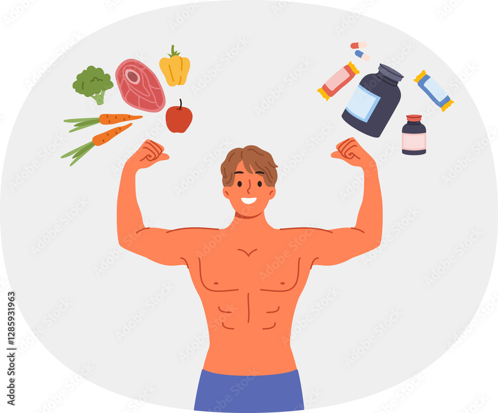 Man bodybuilder with naked torso stands under sports nutrition and natural products. Positive guy in strongman pose recommends consuming protein and bcaa in addition to organic nutrition