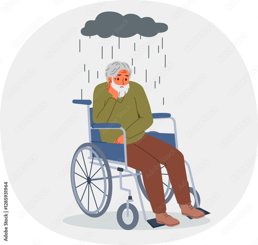Elderly man in wheelchair suffers from loneliness and lack of access to walks, sitting under rain cloud. Human in wheelchair needs psychological support and treatment after developing leg problems