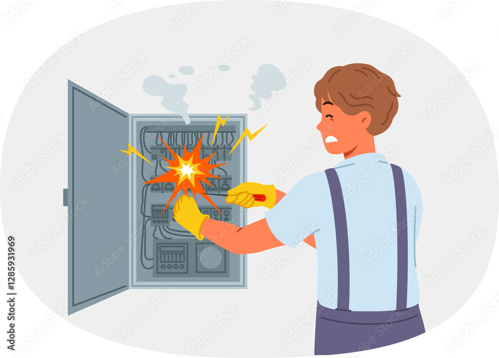 Man electrician is injured by electric shock while repairing electrical panel with high voltage transformers. Repairman became victim of electric shock due to carelessness and lack of professionalism