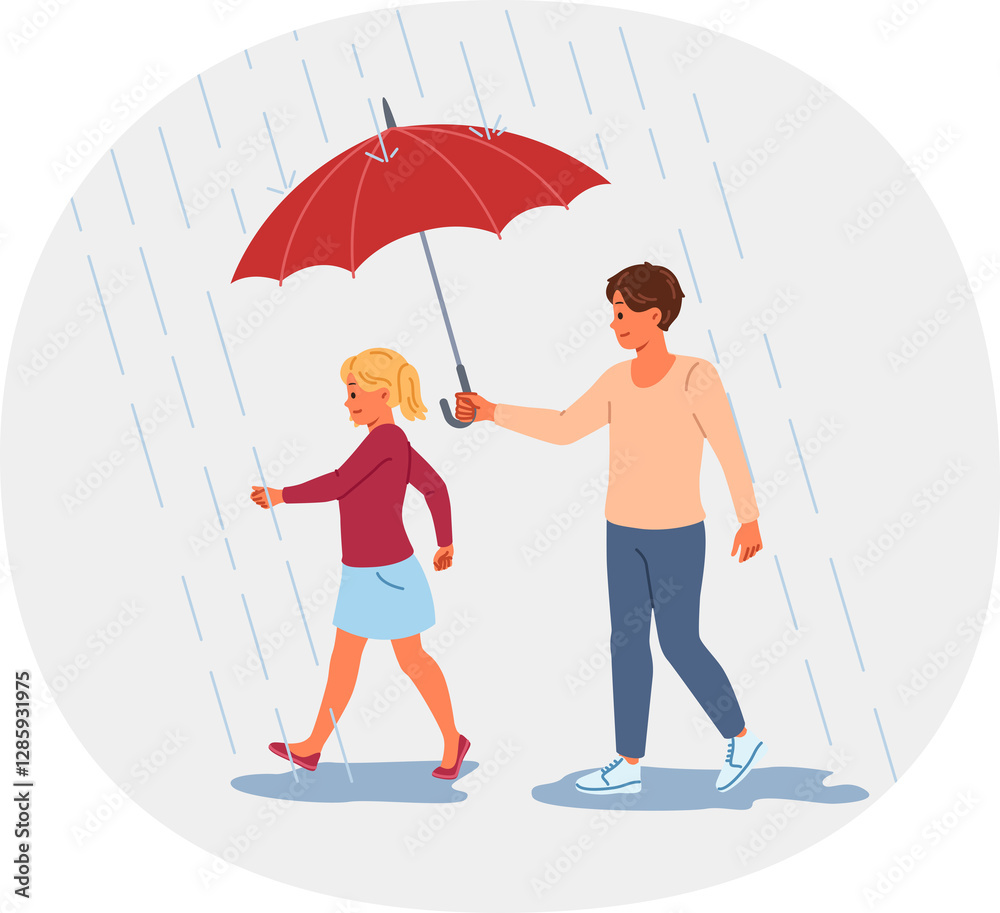Caring father protects daughter from rain using umbrella, and feels happiness from walking with child. Little girl walks with happy father in rain, feeling safe thanks to dad support