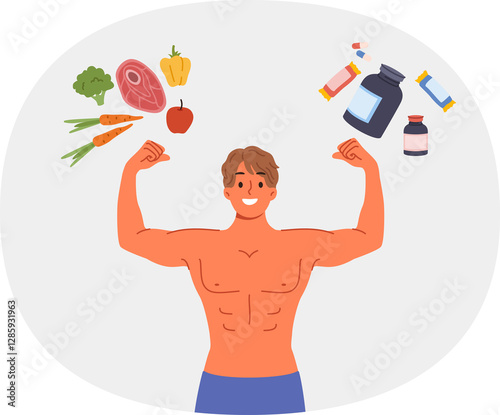 Obraz na płótnie Man bodybuilder with naked torso stands under sports nutrition and natural products. Positive guy in strongman pose recommends consuming protein and bcaa in addition to organic nutrition w salonie