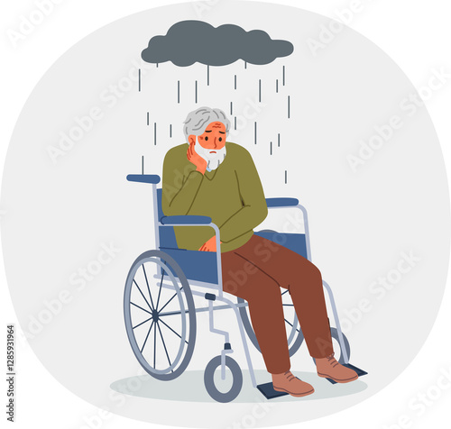 Obraz na płótnie Elderly man in wheelchair suffers from loneliness and lack of access to walks, sitting under rain cloud. Human in wheelchair needs psychological support and treatment after developing leg problems w salonie