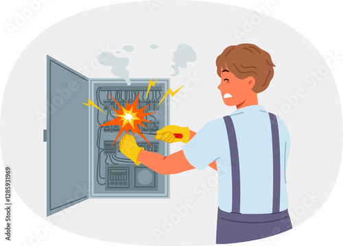 Obraz na płótnie Man electrician is injured by electric shock while repairing electrical panel with high voltage transformers. Repairman became victim of electric shock due to carelessness and lack of professionalism w salonie
