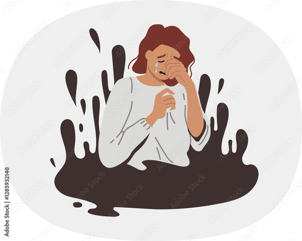 Upset woman cries and wipes tears with hand, being in viscous liquid symbolizing problems and difficulties. Hysteria and panic in girl drowning in difficulties caused by apathy or lack goals in life