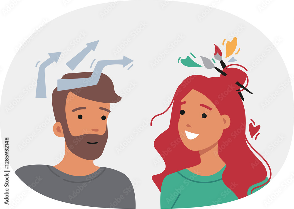 People with analytical and creative minds stand side by side using differences in thinking to brainstorm. Joint brainstorm between guy with strategic plans and girl with abstract desires