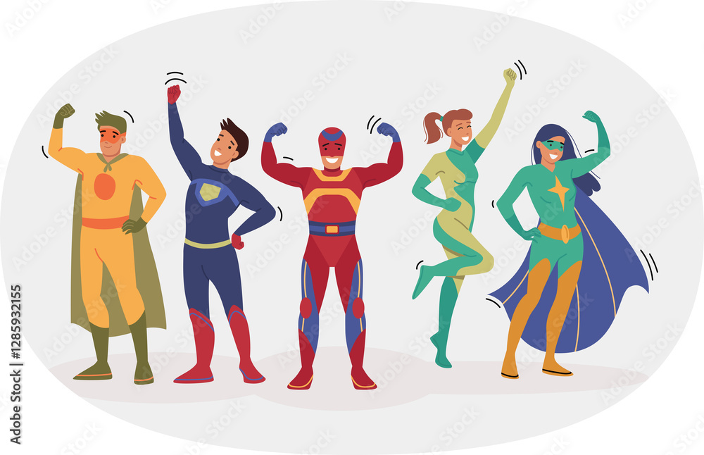 Team of superheroes raise hands in air, celebrating victory over villain thanks to collaboration. People in superheroes costumes are proud of achievements in destroying bandits and criminals