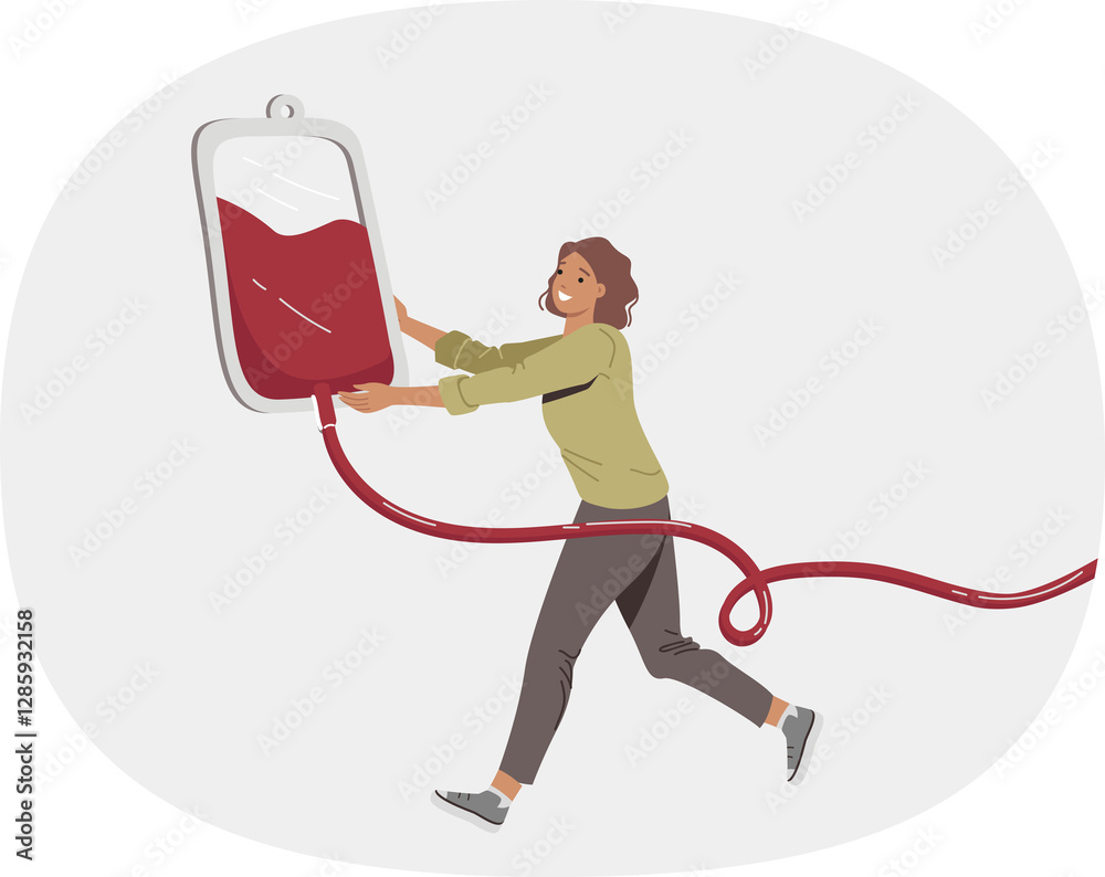 Woman blood donor carries iv for transfusion to save person injured in car accident. Girl donor of blood or plasma and bone marrow is ready to sacrifice herself for sake of altruism