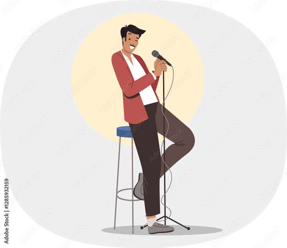 Stand-up show from man comedian standing on stage with microphone in hand, near high chair and spotlight. Guy performs solo program at stand-up show, trying to make audience laugh with funny stories
