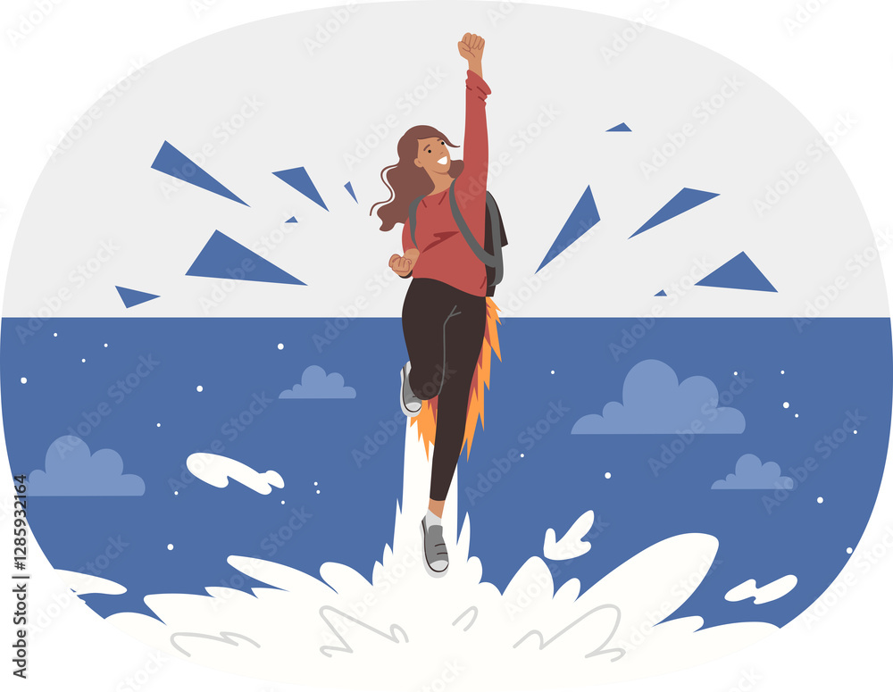 Ambitious woman with leadership potential flies up through night sky, using jetpack. Ambitious girl strives to achieve success in life and easily overcome difficulties and obstacles along way.