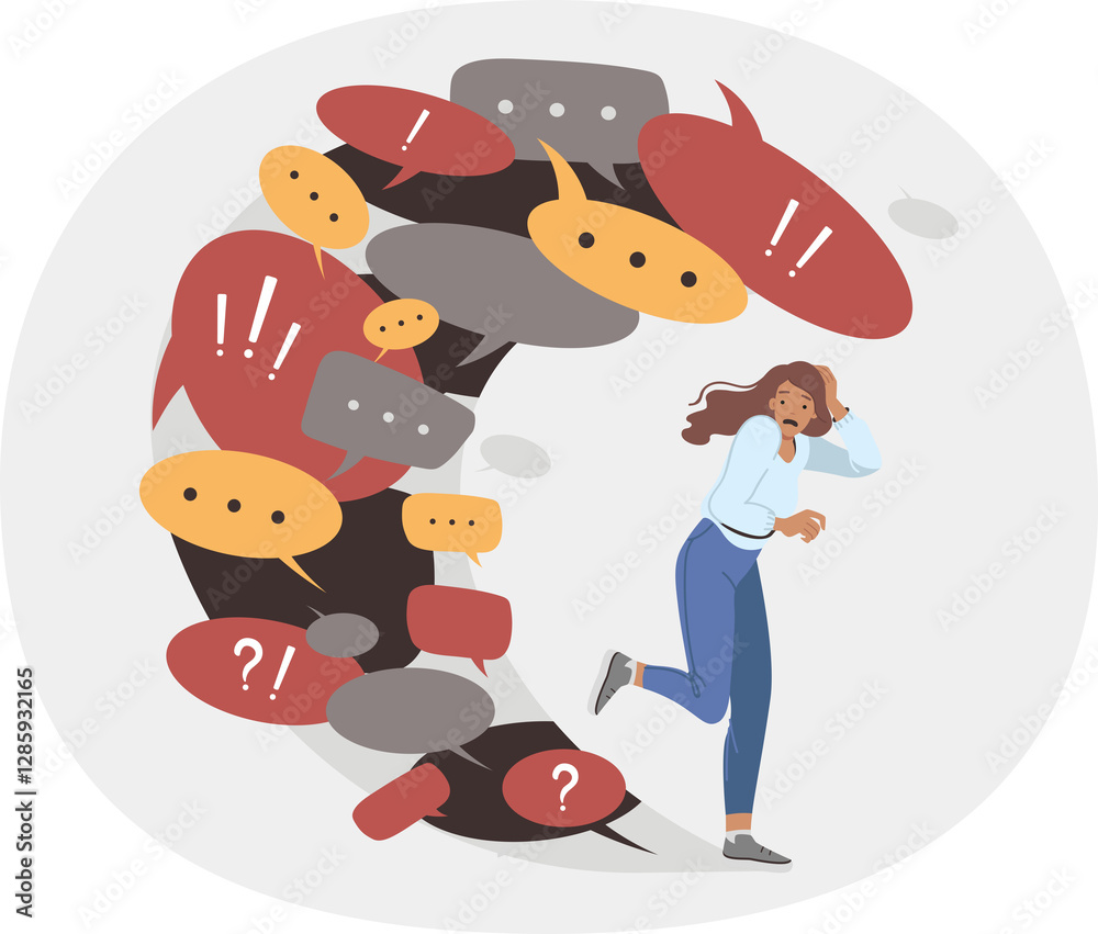 Information overload causes panic in woman fleeing wave of dialogue bubbles and conversation clouds. Girl is trying to use information detox and temporary refusal to receive correspondence