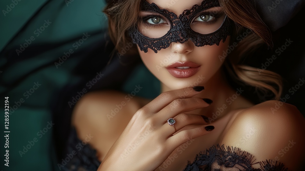 Fototapeta premium Woman wearing a black mask and a ring. She has a dark complexion and is wearing a black dress