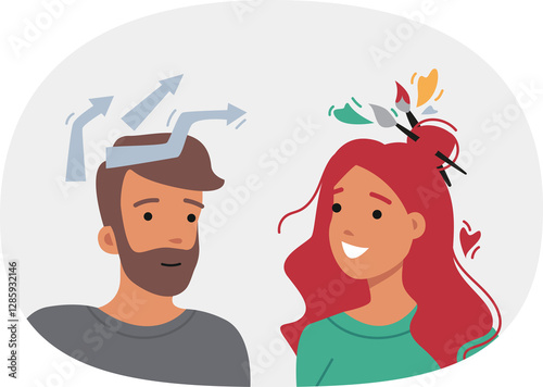 Obraz na płótnie People with analytical and creative minds stand side by side using differences in thinking to brainstorm. Joint brainstorm between guy with strategic plans and girl with abstract desires w salonie