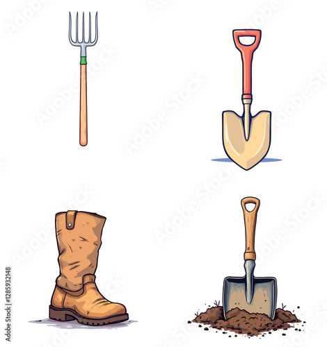 Vsai pitchfork, shovels and boot for working the soil in the garden