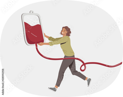 Woman blood donor carries iv for transfusion to save person injured in car accident. Girl donor of blood or plasma and bone marrow is ready to sacrifice herself for sake of altruism