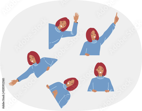 Obraz na płótnie Woman with white banner or space for your advertisement waves hand in greeting or points to advertisement offer. Marketing proposal from attractive girl for promotional companies during sales season w salonie