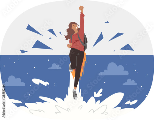 Obraz na płótnie Ambitious woman with leadership potential flies up through night sky, using jetpack. Ambitious girl strives to achieve success in life and easily overcome difficulties and obstacles along way. w salonie