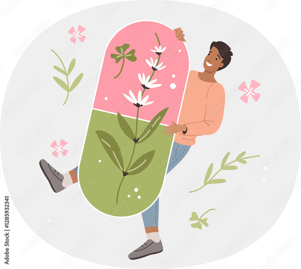 Man holds organic pill made from natural herbs using alternative medicine and homeopathy. Guy is interested in producing dietary supplements to improve immunity and alternative medicine