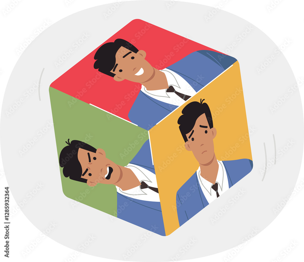 Emotional man on different dice dice, for concept of chaotic emotions and bipolar disorder in behavior. Good and evil businessman treats colleagues and partners differently due to changes in emotions