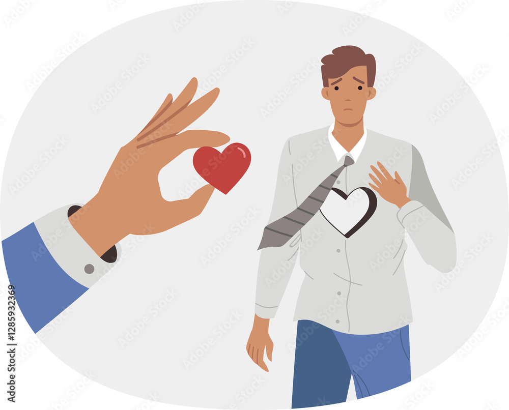 Businessman lost heart due to betrayal of partner or company employee who stole idea for startup. Young guy office worker with broken heart needs to restore relationship with girlfriend